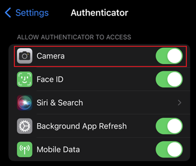 The Mobile Authenticator app activate camera button on iOS